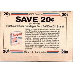 Save 20¢ Plastic Or Sheer Bandages From Band-Aid Clinton IA 1980s Coupon SAI1-M5